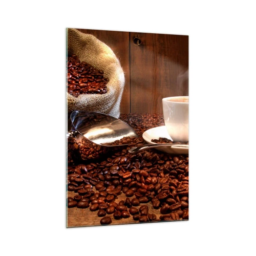 Impression sur verre - Image sur verre - Une tasse de café avec des grains de café et un sac de céréales en arrière-plan - 70x100cm - Sentez-vous cette odeur? - Décoration murale moderne pour le salon et la chambre ARTTOR