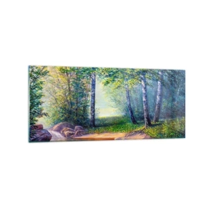 Impression sur verre - Image sur verre - Un ruisseau forestier entouré de bouleaux et de soleil - 120x50cm - Paysage idyllique - Décoration murale moderne pour le salon et la chambre ARTTOR
