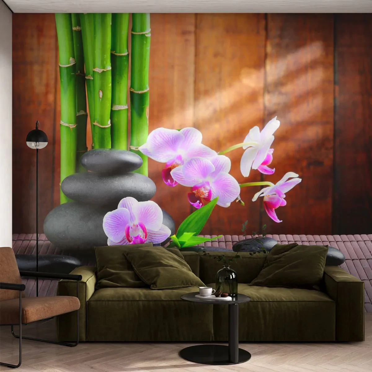 Papier Peint Photo Premium Sand - Orchidées roses et bambou contre un mur en bois - 100x70cm - Rencontrez les plaisirs de l'est - Décoration murale moderne pour le salon et la chambre ARTTOR