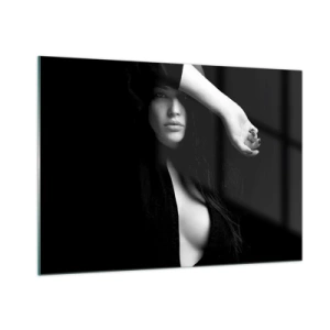 Impression sur verre - Image sur verre - Une femme en noir dans une pose sensuelle sur un fond sombre - 100x70cm - École de séduction - Décoration murale moderne pour le salon et la chambre ARTTOR