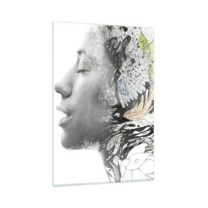 Impression sur verre - Image sur verre - Profil d'une femme dans un collage artistique de nature et de noirceur - 80x120cm - Immergé dans la nature - Décoration murale moderne pour le salon et la chambre ARTTOR