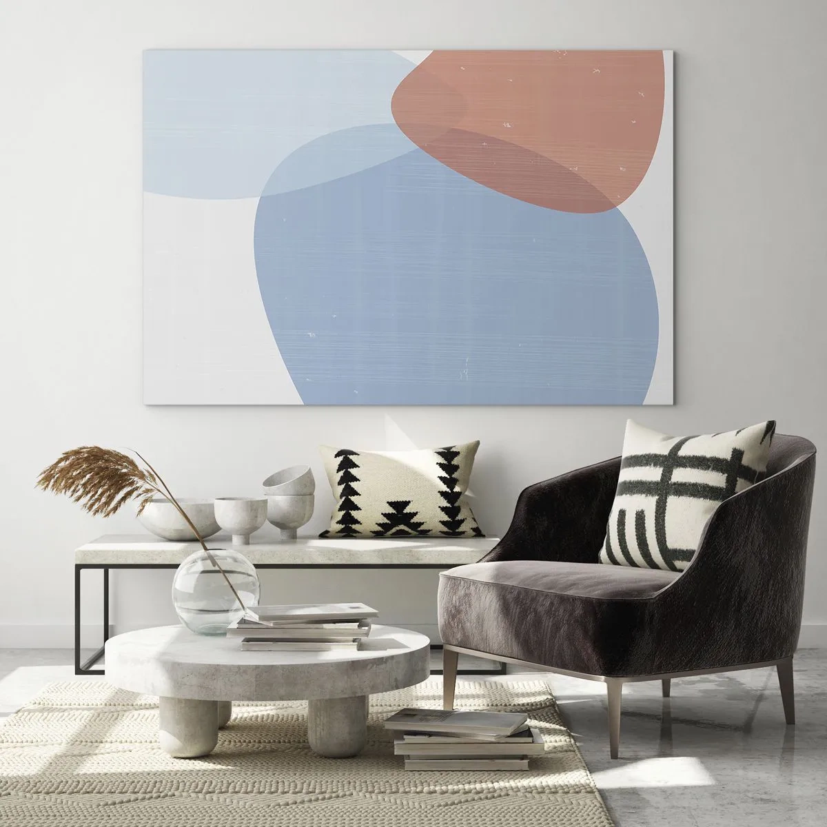 Impression sur verre - Image sur verre - Abstraction moderne avec des formes bleues et roses - 70x50cm - Relations pastel - Décoration murale moderne pour le salon et la chambre ARTTOR