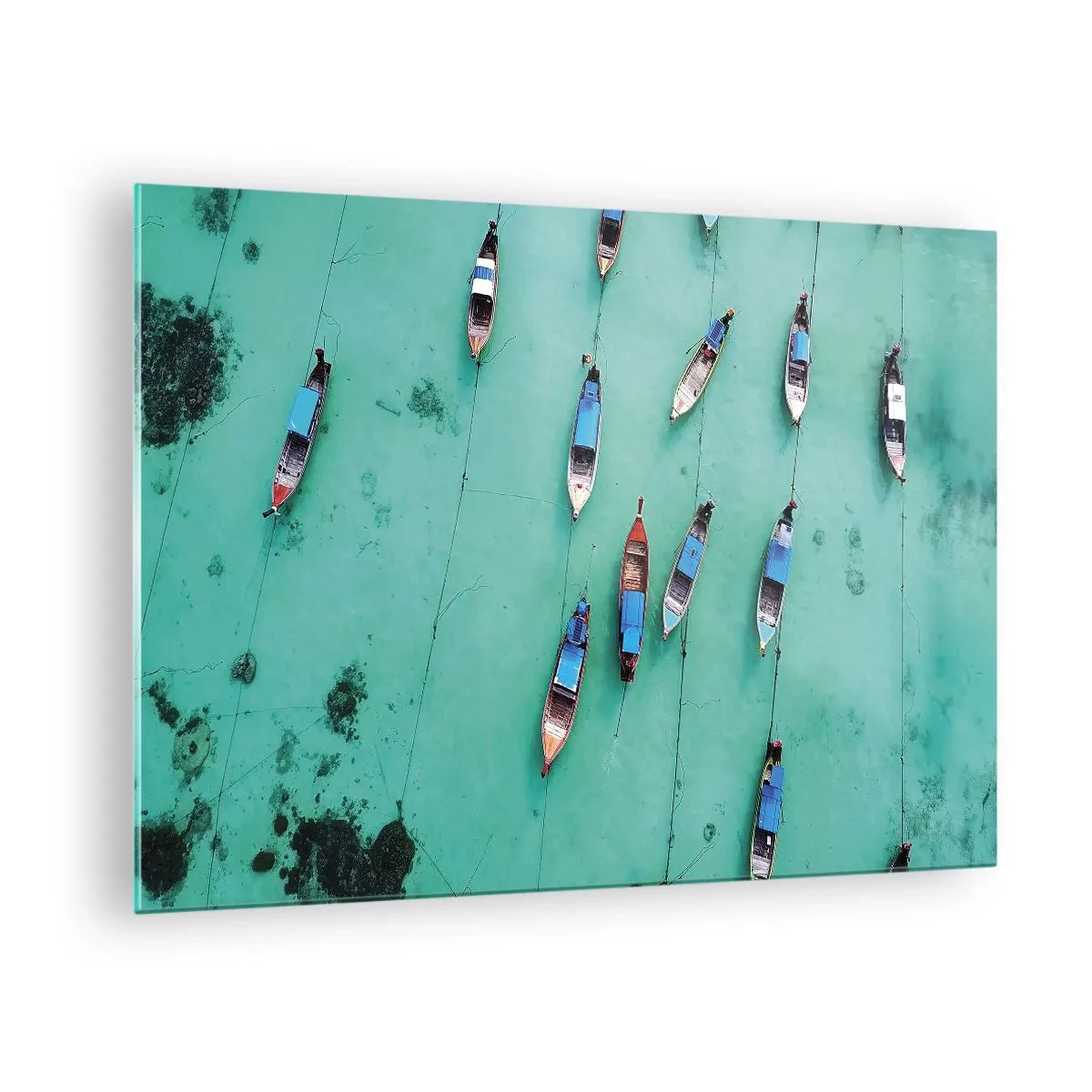 Impression sur verre - Image sur verre - Bateaux sur l'eau turquoise vus d'en haut - 70x50cm - Dans une attente jouyeuse - Décoration murale moderne pour le salon et la chambre ARTTOR