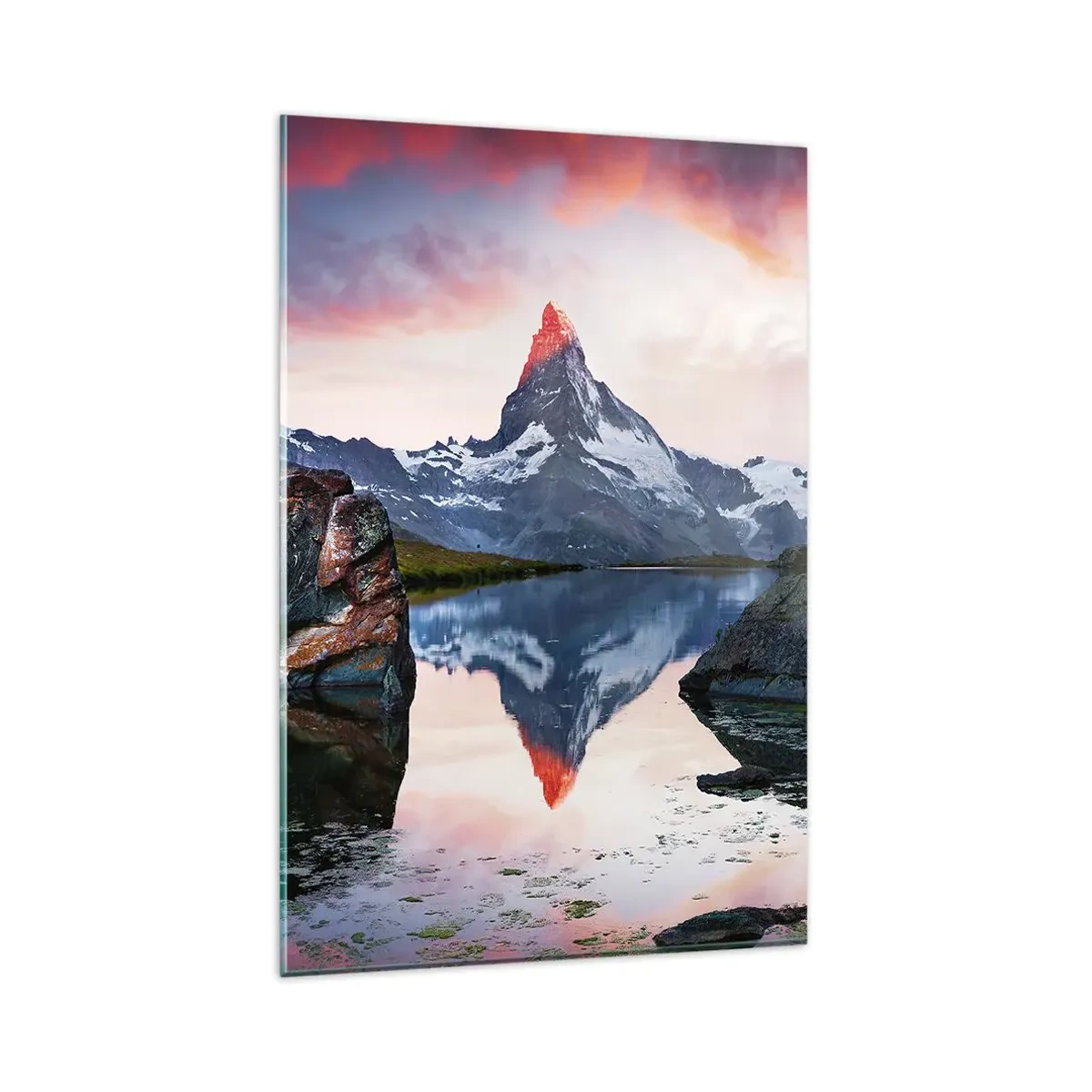 Impression sur verre - Image sur verre - Un sommet de montagne se reflétant dans un lac au coucher du soleil - 80x120cm - Le coeur des montagnes est chaud - Décoration murale moderne pour le salon et la chambre ARTTOR