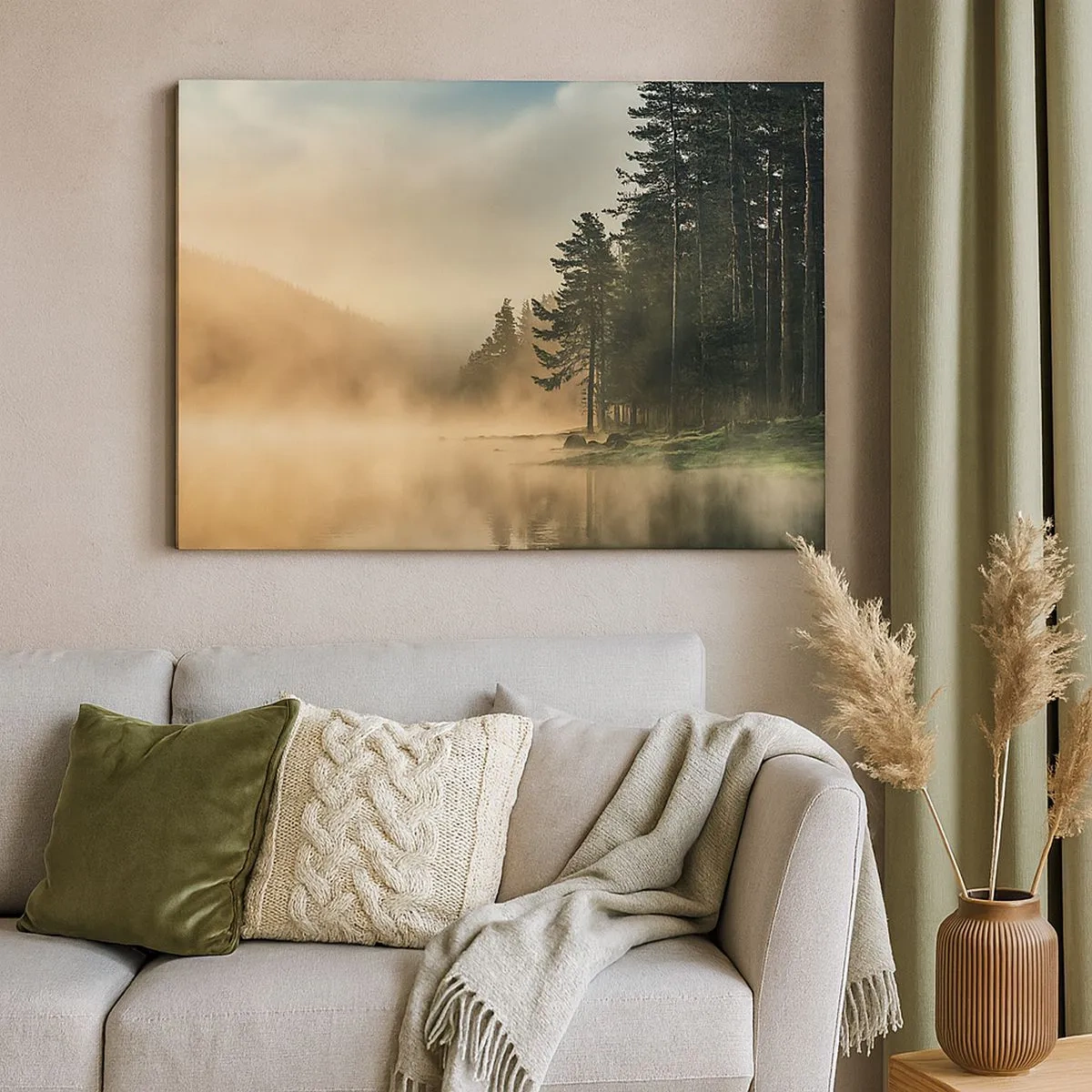 Impression sur toile - Image sur toile - Une forêt brumeuse sur un lac calme - 70x50cm - Naissance du jour - Décoration murale moderne pour le salon et la chambre ARTTOR