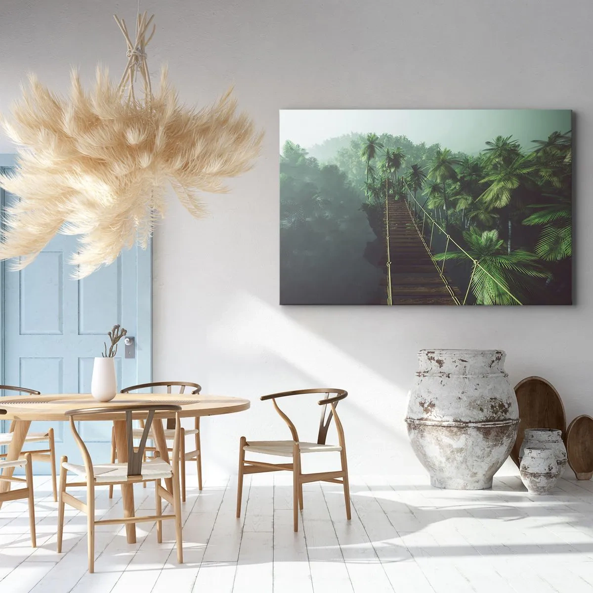 Impression sur toile - Image sur toile - Un pont suspendu dans une forêt tropicale entourée de brouillard. - 120x80cm - Au fil de la verdure - Décoration murale moderne pour le salon et la chambre ARTTOR