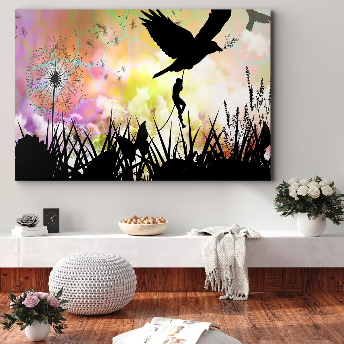 Impression sur toile - Image sur toile - Silhouette de la nature avec un oiseau et un pissenlit - 70x50cm - Dans une ambiance de conte de fées - Décoration murale moderne pour le salon et la chambre ARTTOR