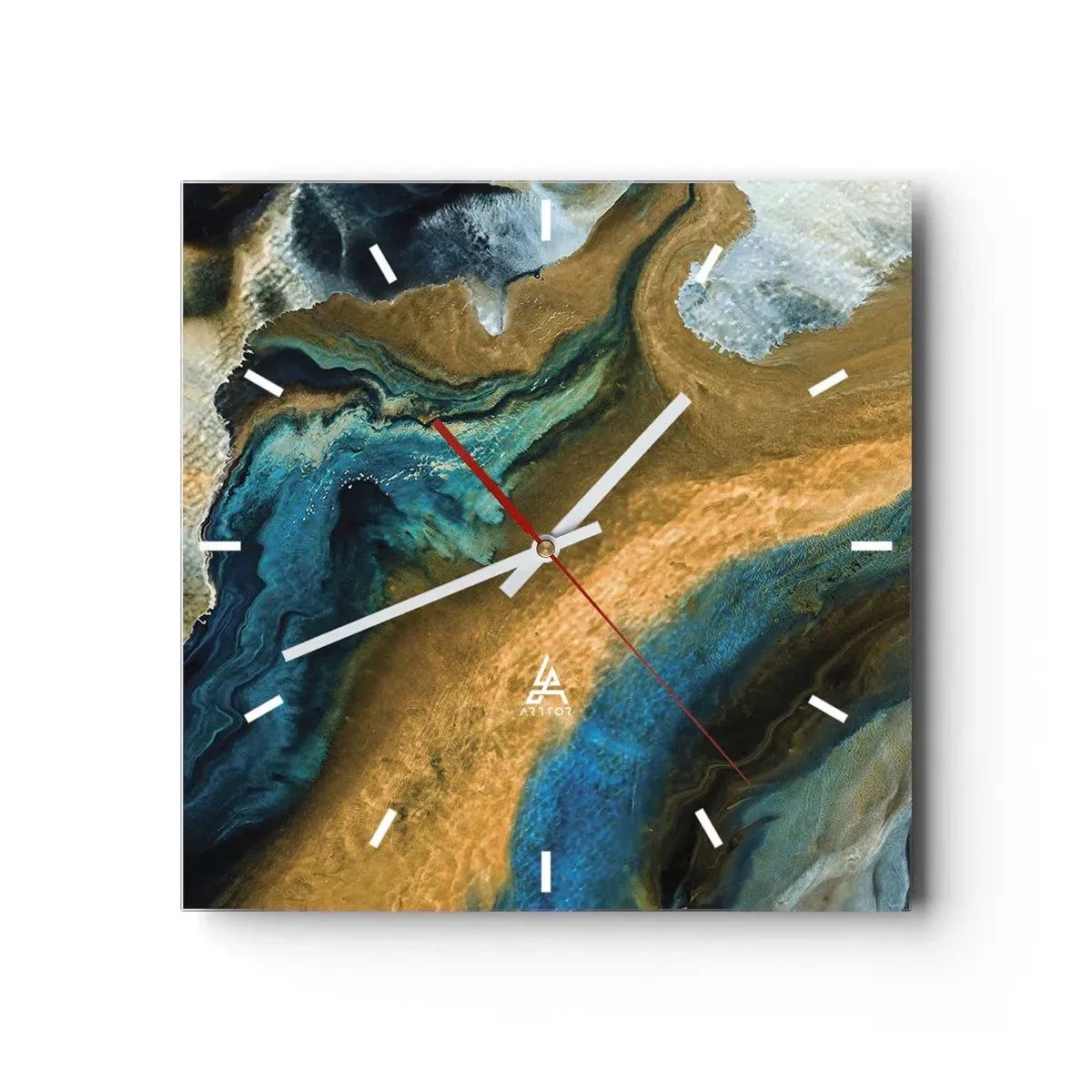 Horloge murale - Pendule murale - Vagues abstraites dans des tons d'or et de bleu - 30x30cm - Bleu - jaune - influences mutuelles - Décoration murale moderne pour le salon et la chambre ARTTOR