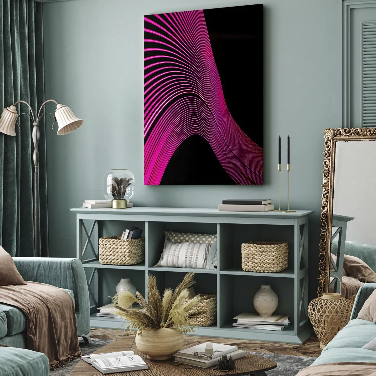 Impression sur toile - Image sur toile - Lignes futuristes dans des tons de rose sur fond noir - 50x70cm - Avenue de lumière - Décoration murale moderne pour le salon et la chambre ARTTOR