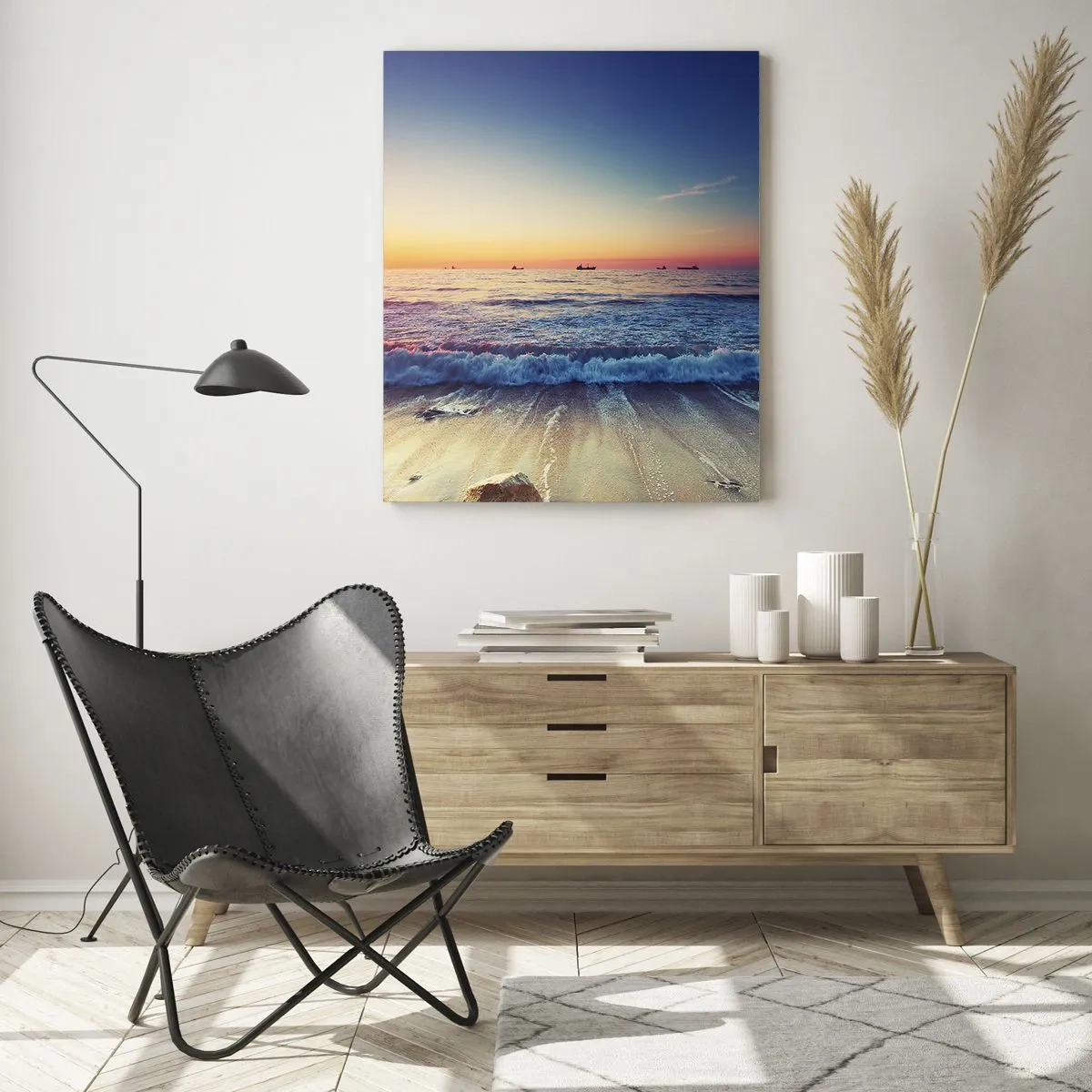 Impression sur verre - Image sur verre - Coucher de soleil sur une mer calme avec des vagues - 70x100cm - Mais quel horizon ? - Décoration murale moderne pour le salon et la chambre ARTTOR