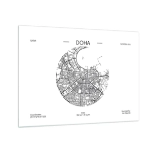 Impression sur verre - Image sur verre - Une carte graphique de Doha dans un style minimaliste en noir et blanc. - 70x50cm - Anatomie de Doha - Décoration murale moderne pour le salon et la chambre ARTTOR