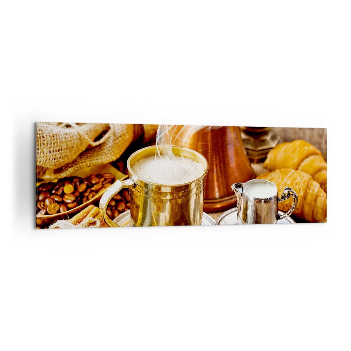 Impression sur toile - Image sur toile - Une tasse de café dorée entourée de grains, de cruches et de croissants - 160x50cm - Bonne journée! - Décoration murale moderne pour le salon et la chambre ARTTOR