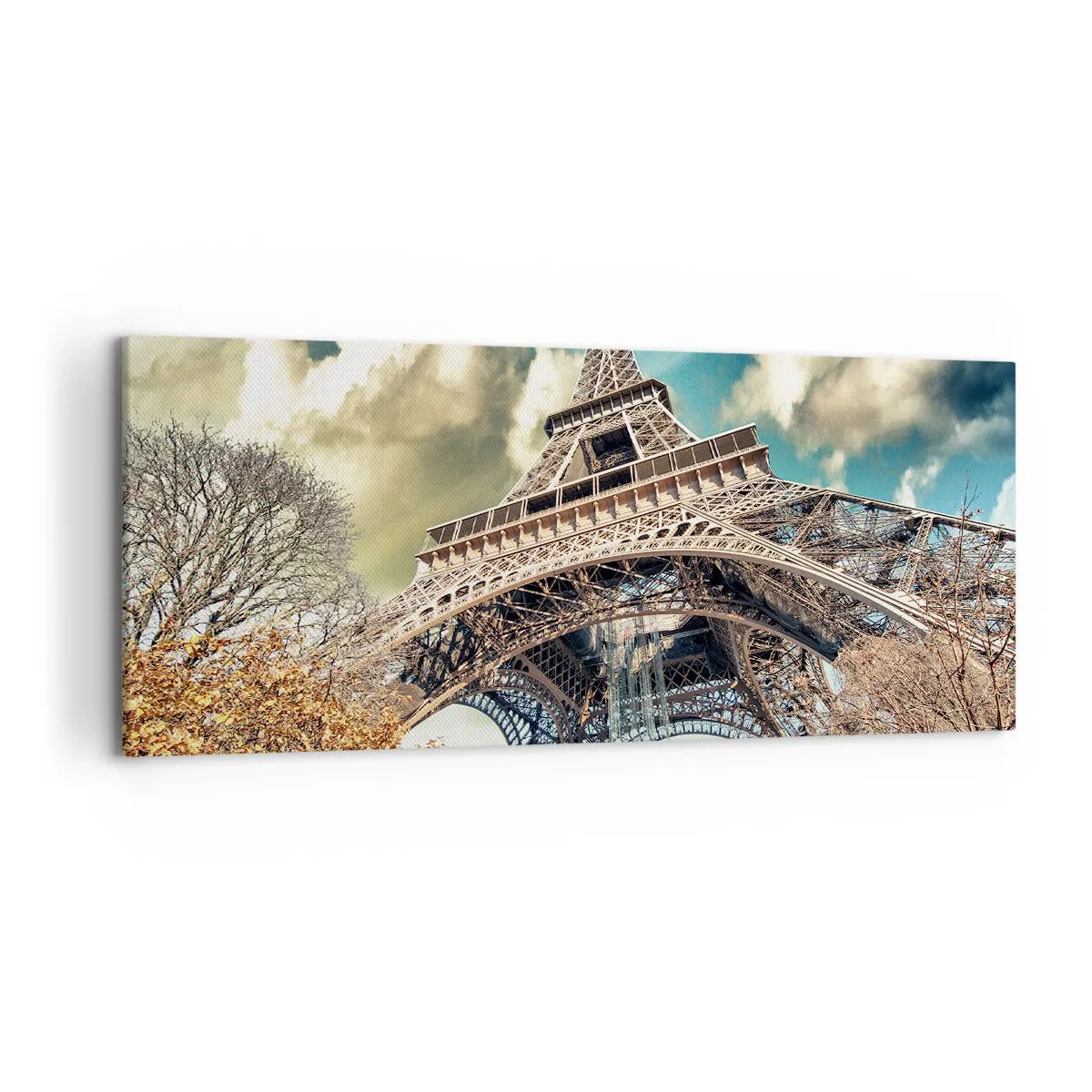 Impression sur toile - Image sur toile - La Tour Eiffel vue d'en bas dans un décor automnal - 120x50cm - Et en automne à Paris... - Décoration murale moderne pour le salon et la chambre ARTTOR