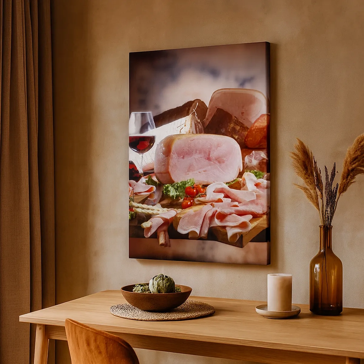 Impression sur toile - Image sur toile - Charcuterie au vin sur fond rustique - 50x70cm - Un rêve culinaire avec une carafe - Décoration murale moderne pour le salon et la chambre ARTTOR