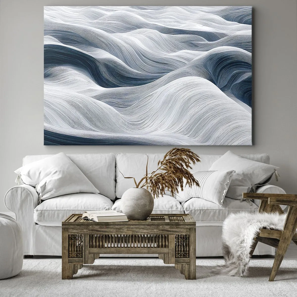 Impression sur toile - Image sur toile - Lignes ondulées dans des tons de bleu et de blanc - 120x80cm - Vagues blanches et bleues - Décoration murale moderne pour le salon et la chambre ARTTOR