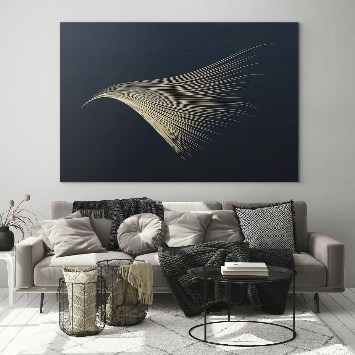 Impression sur verre - Image sur verre - Une ligne dorée ressemblant à une aile sur un fond bleu marine - 70x50cm - Comme les cheveux d'un ange - Décoration murale moderne pour le salon et la chambre ARTTOR