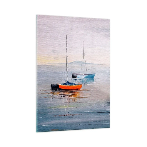 Impression sur verre - Image sur verre - Bateaux colorés dérivant sur l'eau calme au coucher du soleil - 50x70cm - Un repos bien mérité - Décoration murale moderne pour le salon et la chambre ARTTOR