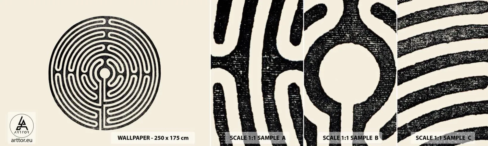 Échantillon De Papier Peint Standard Eco - Ordre mystérieux - Labyrinthe, Minimalisme, Noir et blanc - 100x30 cm