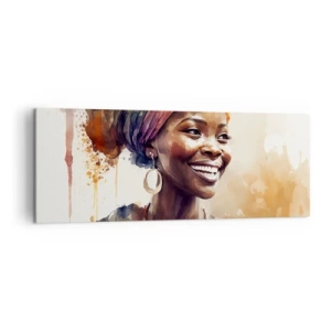 Impression sur toile - Image sur toile - Portrait d'une femme souriante dans un foulard coloré à l'aquarelle - 140x50cm - reine africaine - Décoration murale moderne pour le salon et la chambre ARTTOR