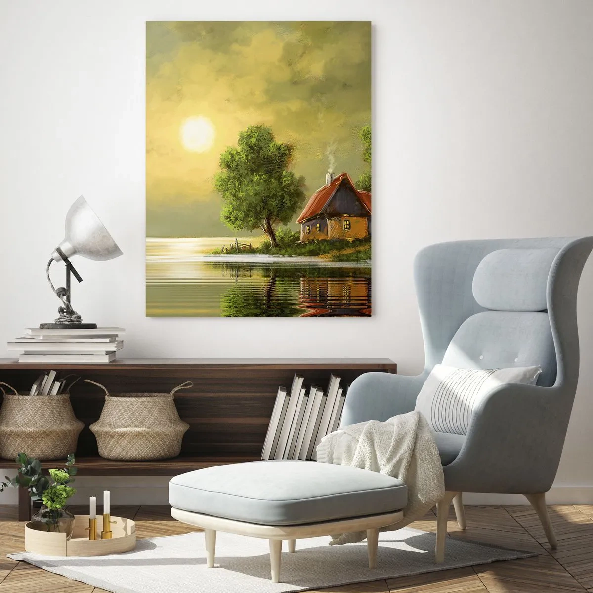 Impression sur verre - Image sur verre - Maison au bord du lac dans la lumière du coucher du soleil - 80x120cm - Beau, comme une image - Décoration murale moderne pour le salon et la chambre ARTTOR