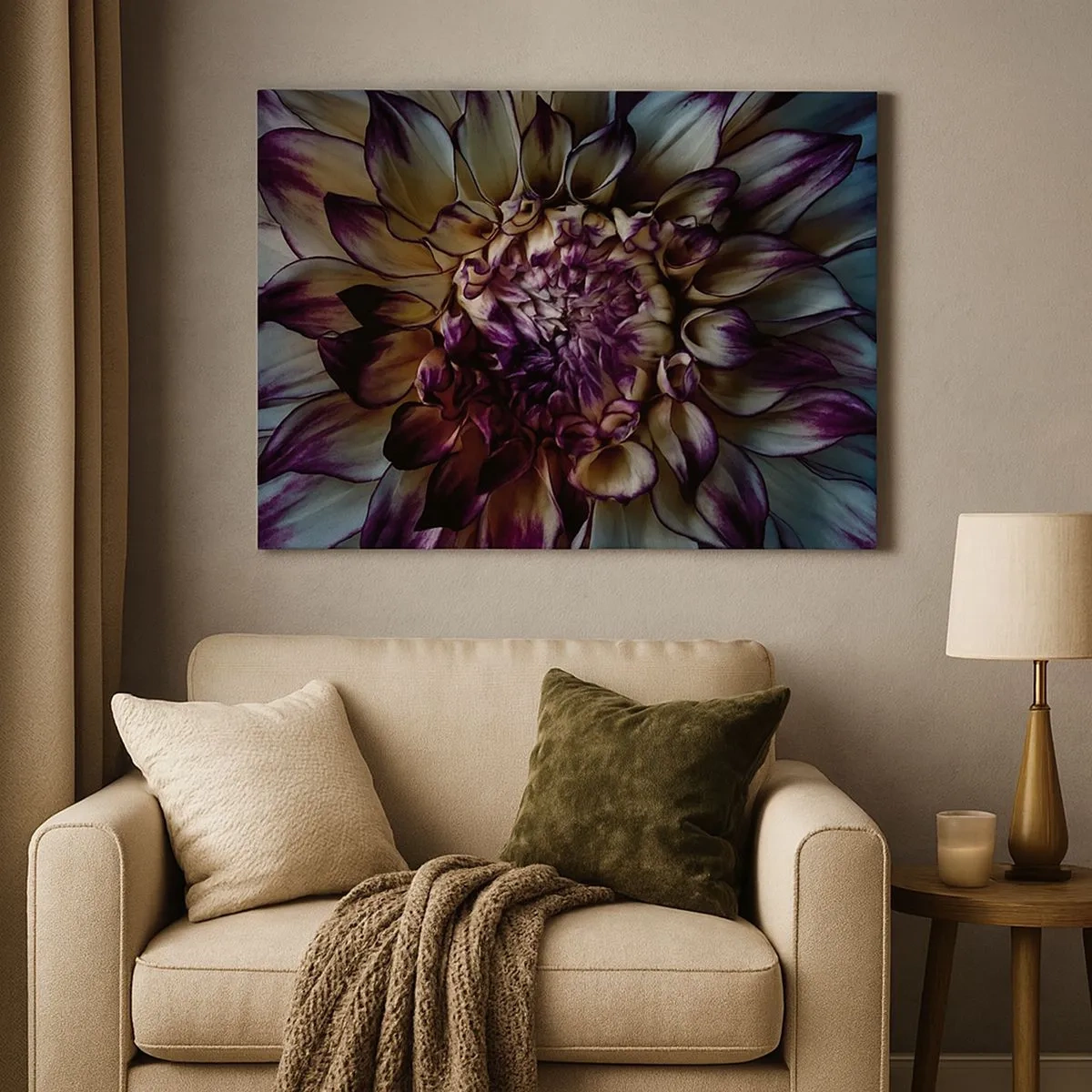 Impression sur toile - Image sur toile - Gros plan d'une fleur de dahlia dans des tons sombres - 70x50cm - L'apogée de la jeunesse - Décoration murale moderne pour le salon et la chambre ARTTOR
