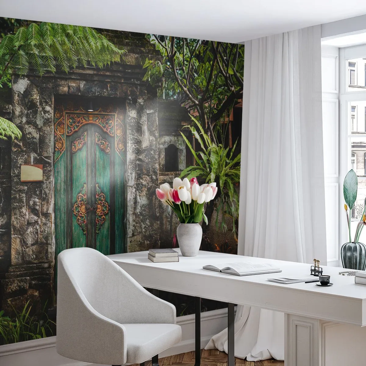 Papier Peint Photo Premium Sand - Portes en bois ornées nichées parmi un feuillage tropical et un mur de pierre - 100x70cm - Porte vers un monde exotique - Décoration murale moderne pour le salon et la chambre ARTTOR