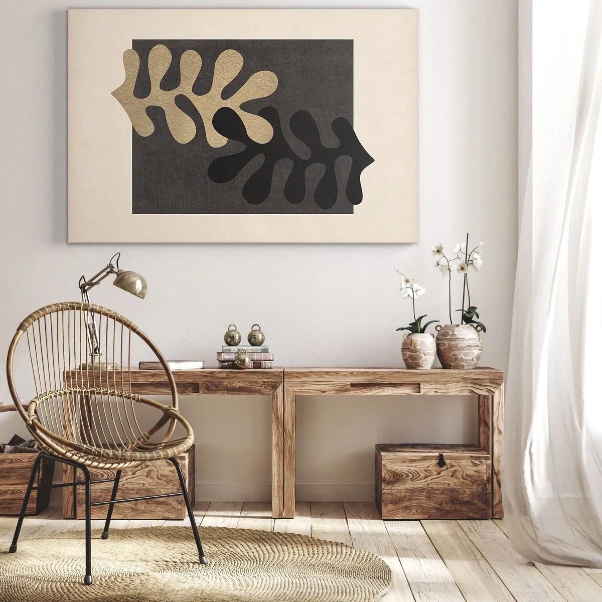 Impression sur toile - Image sur toile - Feuilles abstraites en noir et beige sur un fond rectangulaire - 70x50cm - Absence et complément - Décoration murale moderne pour le salon et la chambre ARTTOR