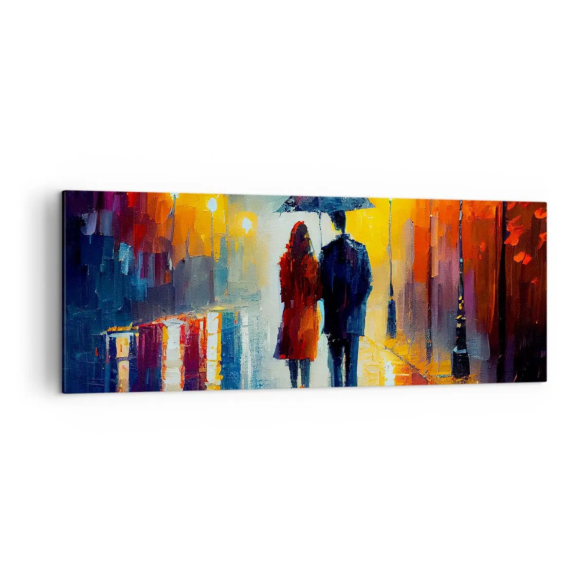 Impression sur toile - Image sur toile - Un couple sous un parapluie se promenant dans une ville nocturne colorée - 140x50cm - Ensemble – une nuit colorée - Décoration murale moderne pour le salon et la chambre ARTTOR