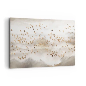 Impression sur toile - Image sur toile - Oiseaux dorés contre les montagnes brumeuses - 120x80cm - Il est l'heure… - Décoration murale moderne pour le salon et la chambre ARTTOR