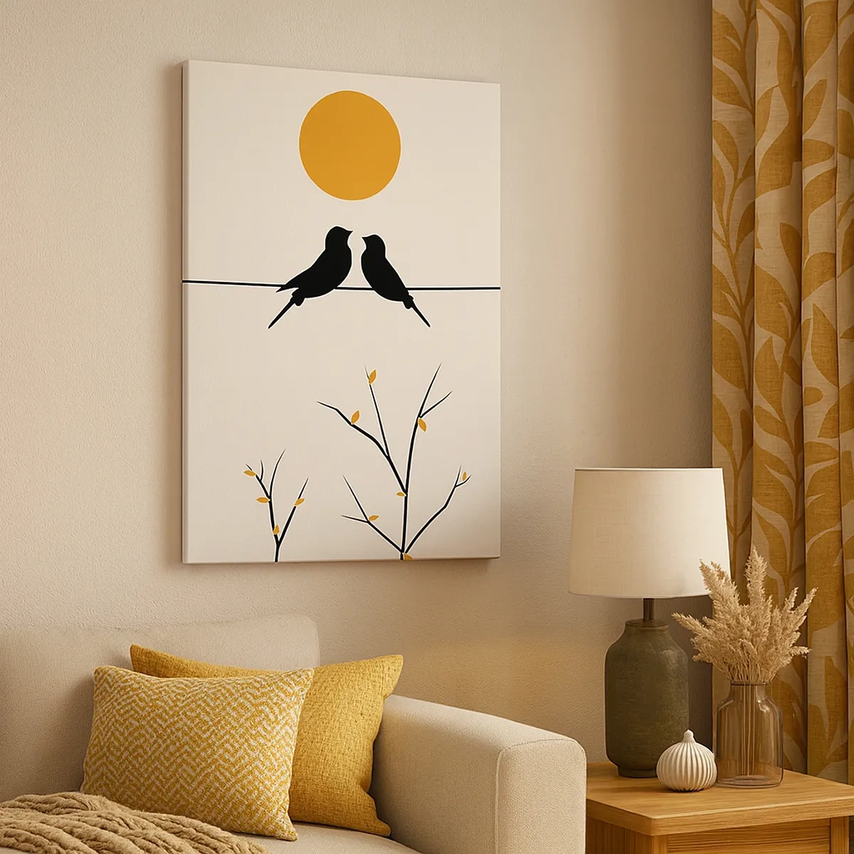Impression sur toile - Image sur toile - Oiseaux sur une ligne avec un soleil jaune - 50x70cm - Soirée pour rossignols - Décoration murale moderne pour le salon et la chambre ARTTOR