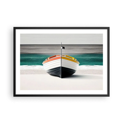 Affiche dans un cadre noir - Poster - Un bateau sur la plage avec une mer turquoise en arrière-plan - 70x50cm - A sa place - Décoration murale moderne pour le salon et la chambre ARTTOR