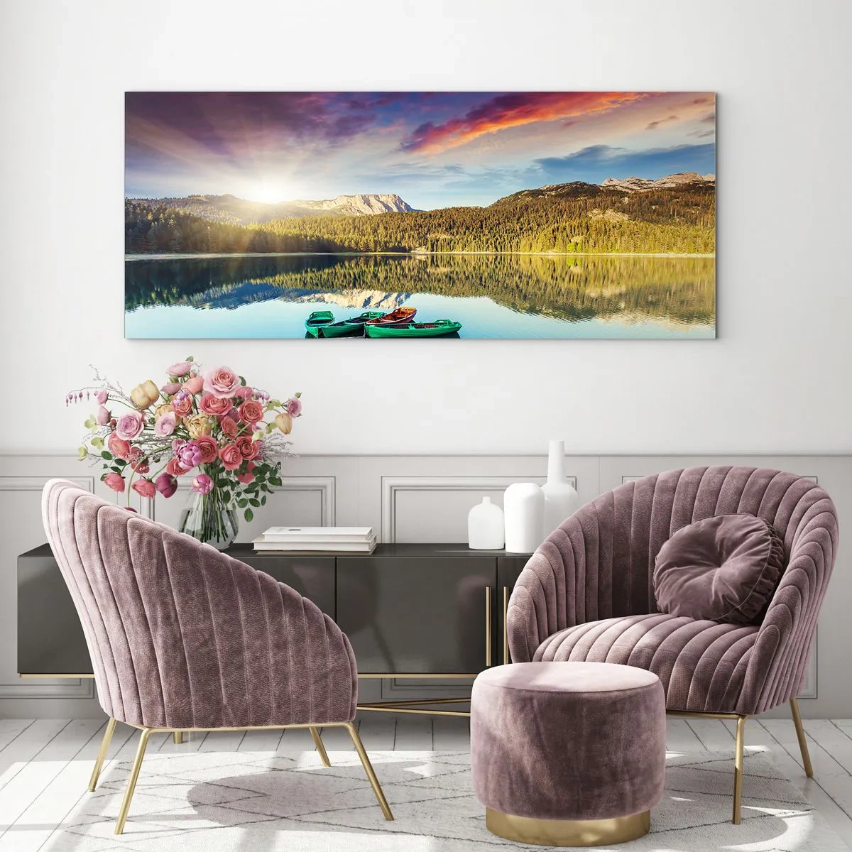 Impression sur verre - Image sur verre - Coucher de soleil sur le lac avec des bateaux à l'embarcadère - 140x50cm - Aussi lisse qu'un miroir au-dessus de l'eau - Décoration murale moderne pour le salon et la chambre ARTTOR