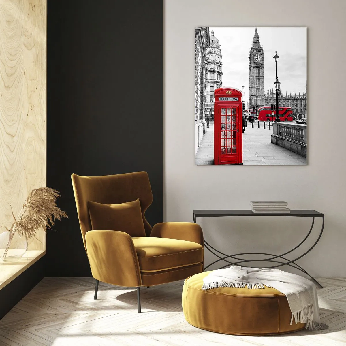 Impression sur verre - Image sur verre - Une cabine téléphonique rouge avec Big Ben en arrière-plan à Londres - 80x120cm - Sans aucun doute Londres - Décoration murale moderne pour le salon et la chambre ARTTOR