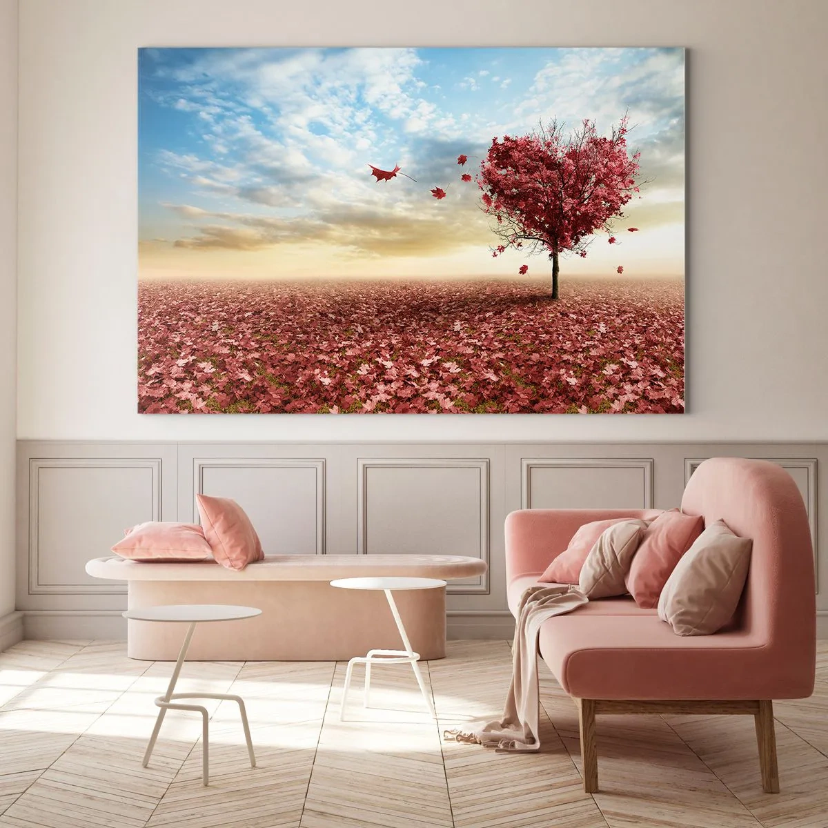 Impression sur verre - Image sur verre - Un arbre en forme de cœur sur un champ de feuilles rouges - 120x80cm - Vous allez aussi aimer l'automne - Décoration murale moderne pour le salon et la chambre ARTTOR