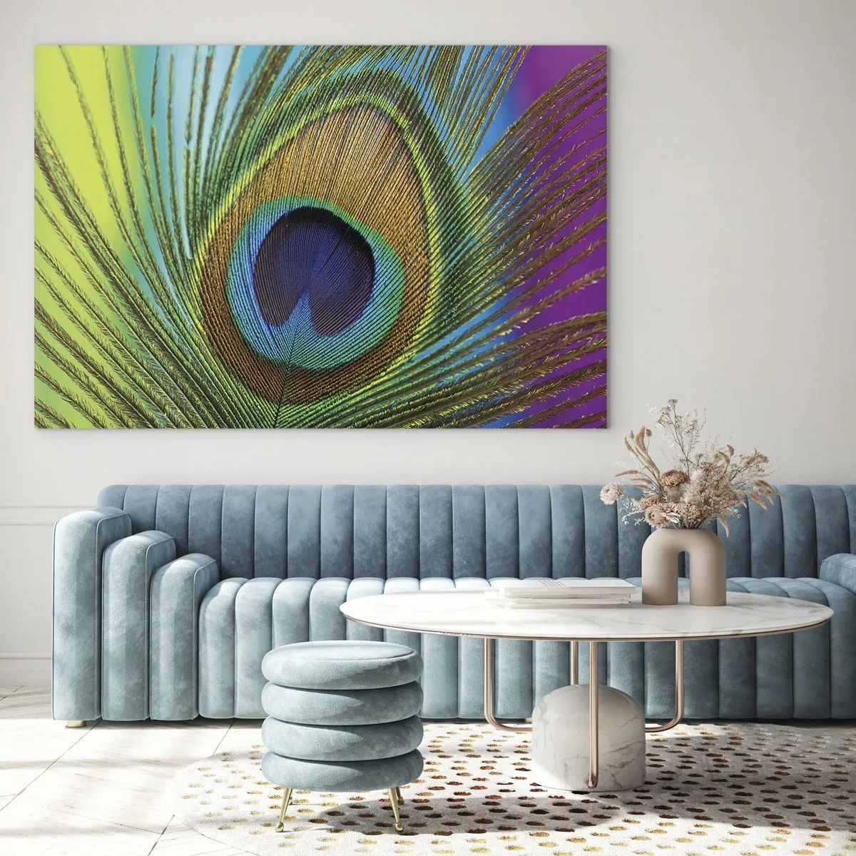Impression sur verre - Image sur verre - Gros plan d'une plume de paon colorée - 100x70cm - Les yeux dans les yeux - Décoration murale moderne pour le salon et la chambre ARTTOR