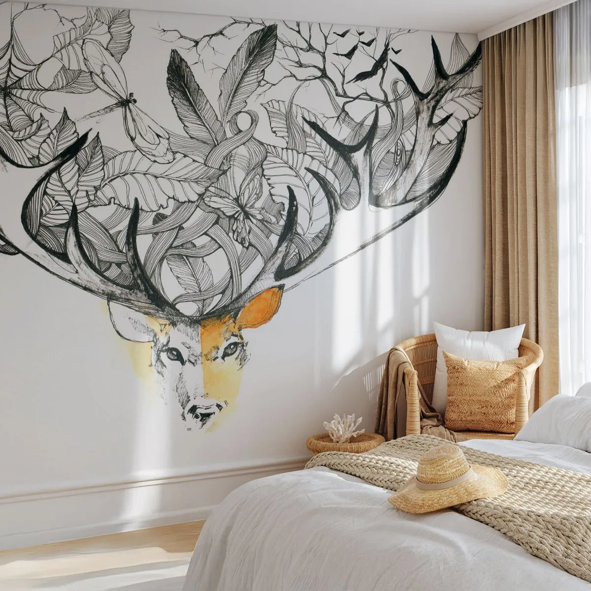 Papier Peint Photo Premium Sand - Un cerf de dessin animé avec des bois en forme de feuilles et de branches - 100x70cm - Corne d'abondance - Décoration murale moderne pour le salon et la chambre ARTTOR