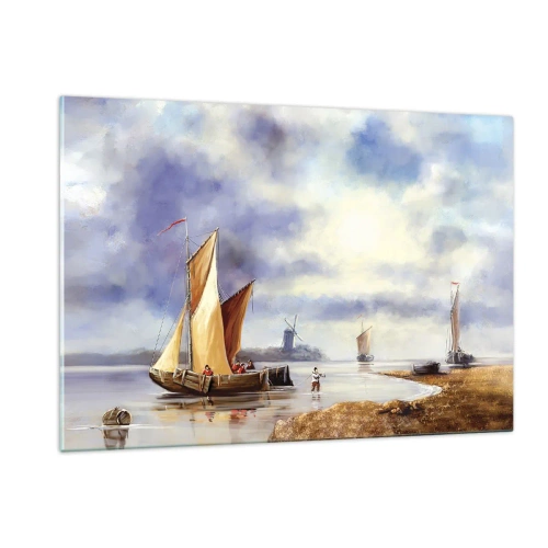 Impression sur verre - Image sur verre - Voiliers sur un lac calme avec des moulins à vent en arrière-plan - 120x80cm - Retour de marin - Décoration murale moderne pour le salon et la chambre ARTTOR