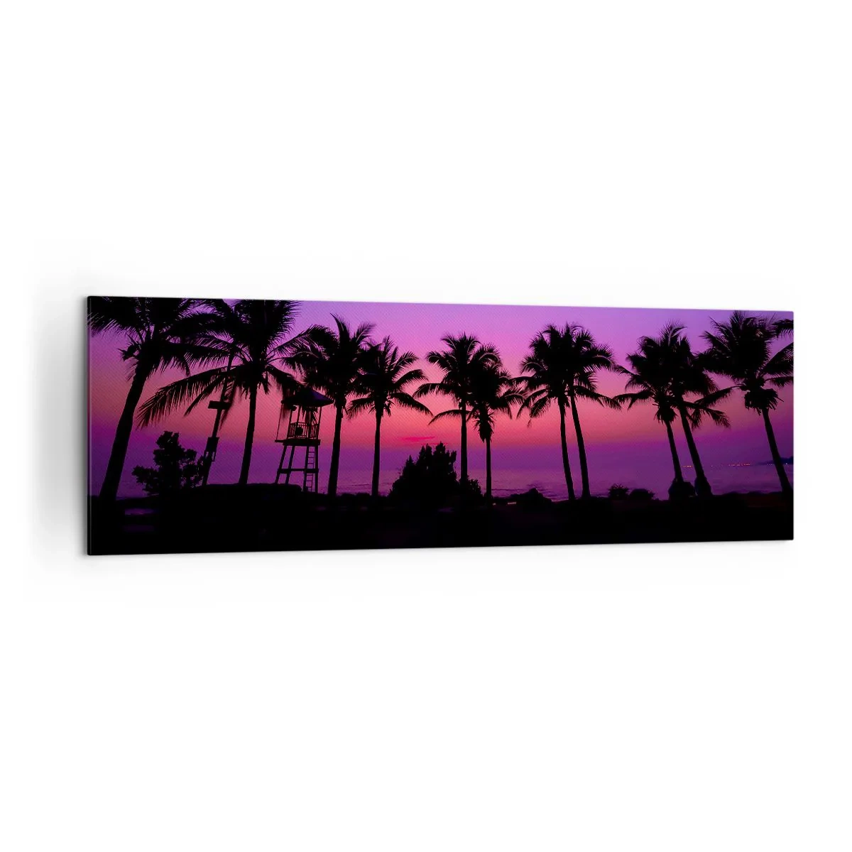 Impression sur toile - Image sur toile - Silhouettes de palmiers sur un ciel de coucher de soleil rose-violet - 160x50cm - Soirée sous les palmiers - Décoration murale moderne pour le salon et la chambre ARTTOR