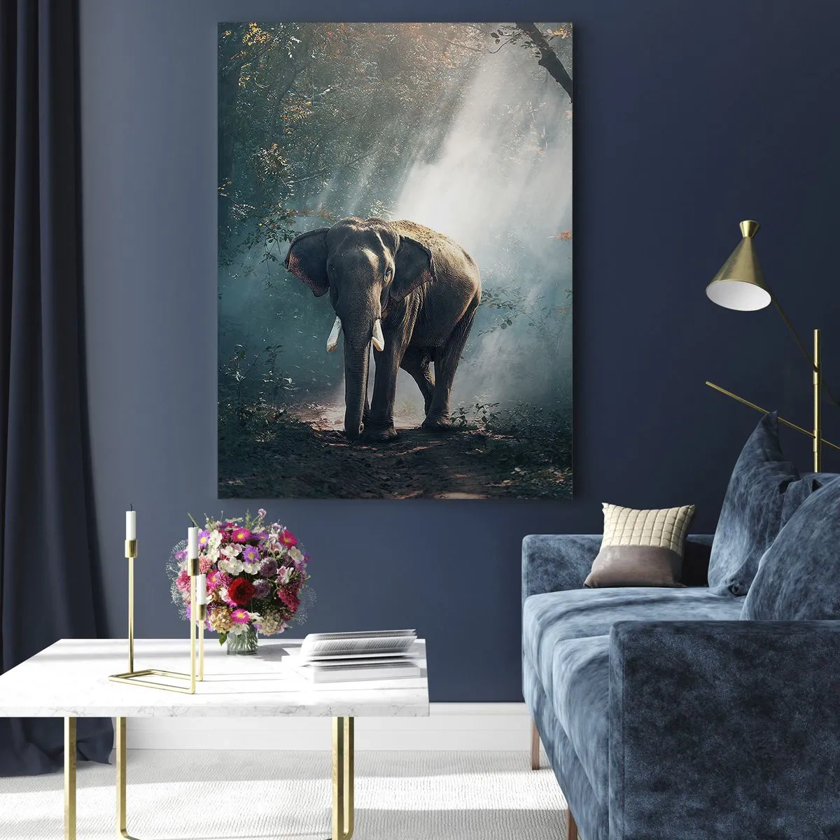 Impression sur verre - Image sur verre - Éléphant dans la lumière de la forêt - 80x120cm - Une balade tranquille - Décoration murale moderne pour le salon et la chambre ARTTOR