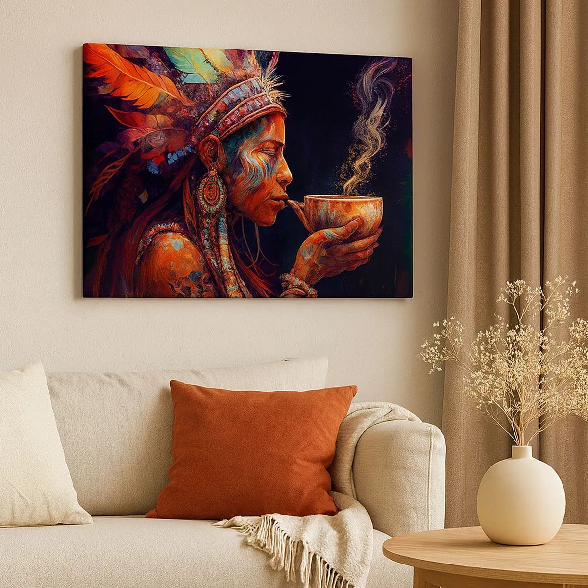 Impression sur toile - Image sur toile - Une figure colorée de style ethnique avec une tasse de boisson fumante - 70x50cm - Rituel magique - Décoration murale moderne pour le salon et la chambre ARTTOR