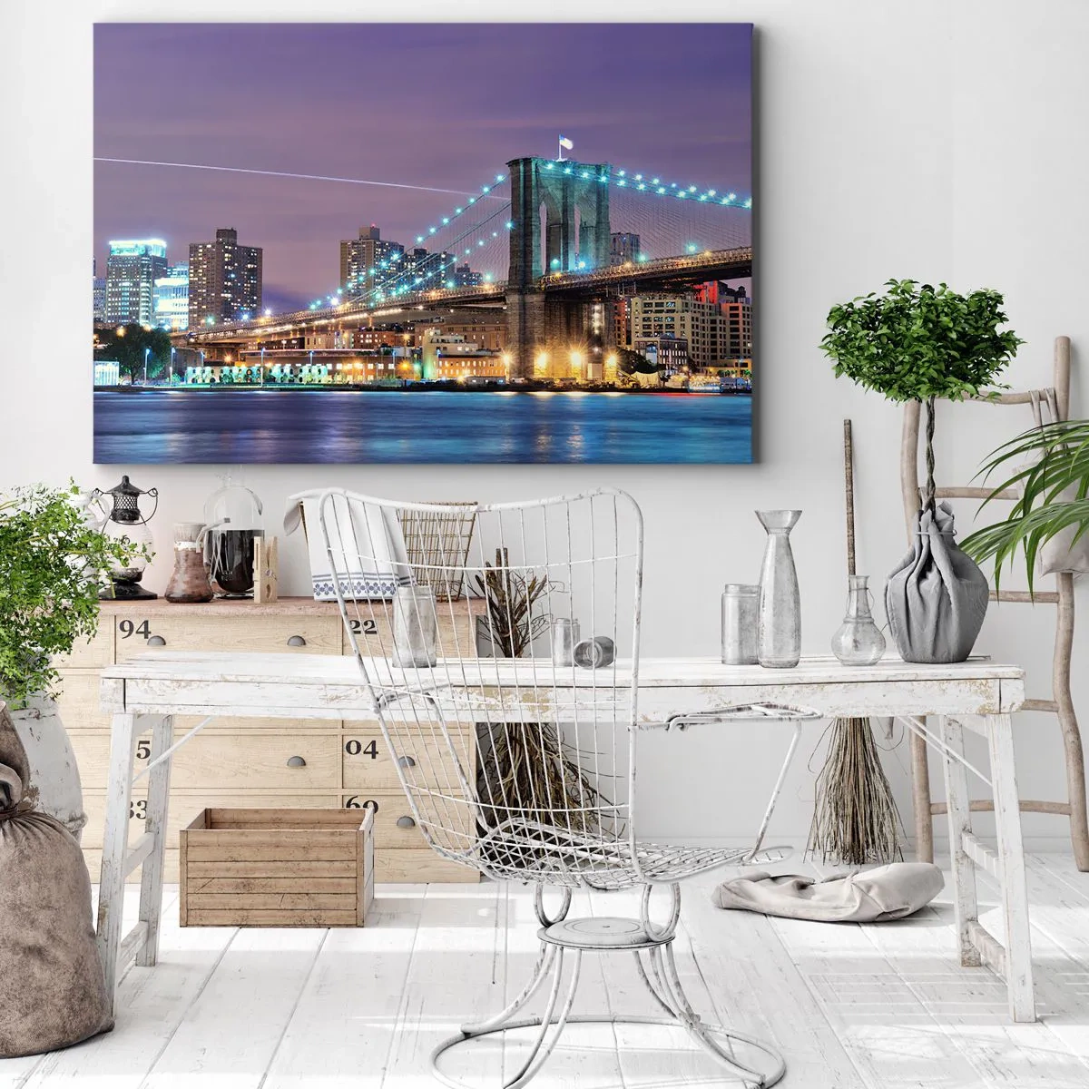 Impression sur toile - Image sur toile - Le pont de Brooklyn la nuit avec la ville illuminée en arrière-plan - 100x70cm - Depuis de nombreuses années le pont de Brooklyn - Décoration murale moderne pour le salon et la chambre ARTTOR