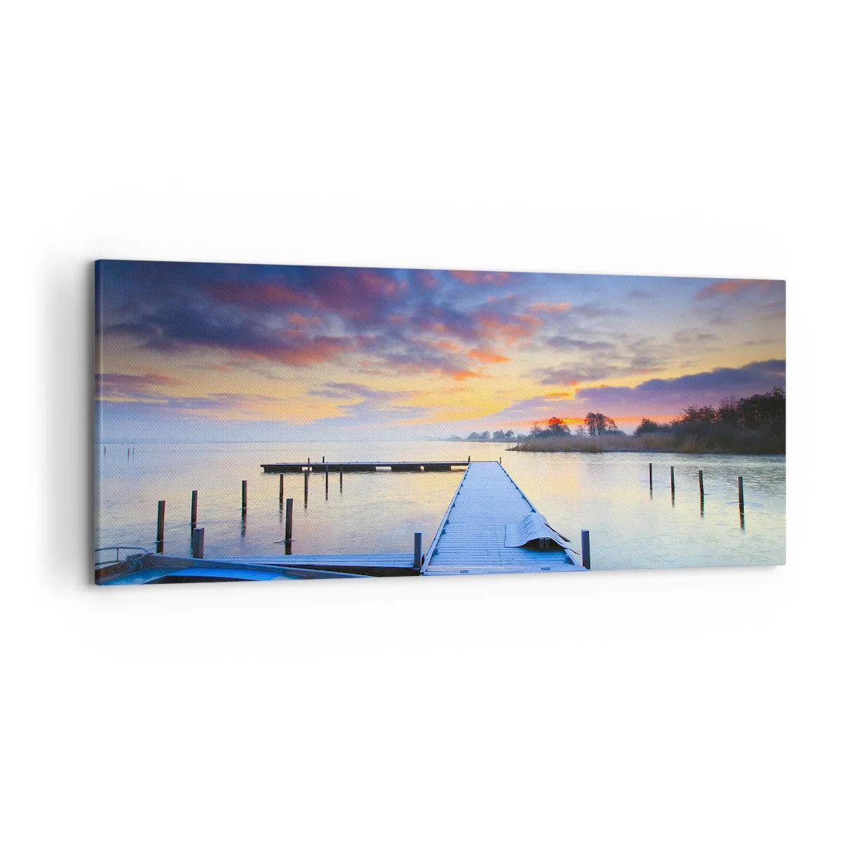 Impression sur toile - Image sur toile - Une jetée au bord du lac au coucher du soleil avec un bateau sur le rivage - 120x50cm - Calme violet-doré - Décoration murale moderne pour le salon et la chambre ARTTOR