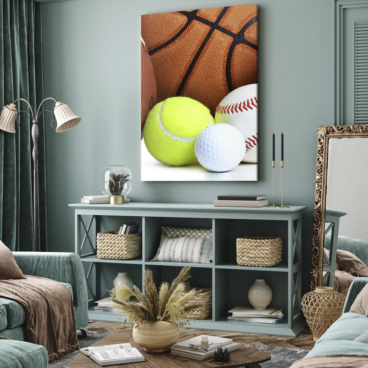 Impression sur toile - Image sur toile - Ballons de diverses disciplines sportives - 50x70cm - Le football nous connecte ! - Décoration murale moderne pour le salon et la chambre ARTTOR