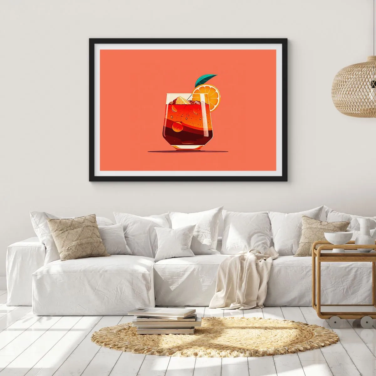 Affiche dans un cadre noir - Poster - Un verre de boisson et une tranche d'orange sur un fond orange - 100x70cm - Rafraîchissement d'été - Décoration murale moderne pour le salon et la chambre ARTTOR
