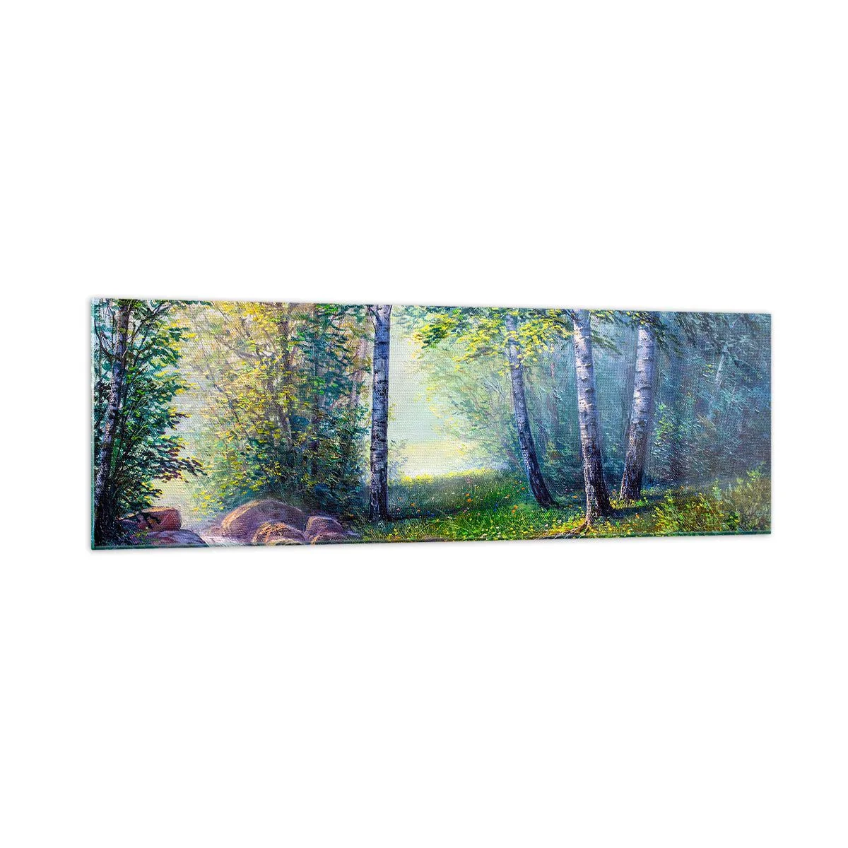 Impression sur verre - Image sur verre - Un ruisseau forestier entouré de bouleaux et de soleil - 160x50cm - Paysage idyllique - Décoration murale moderne pour le salon et la chambre ARTTOR
