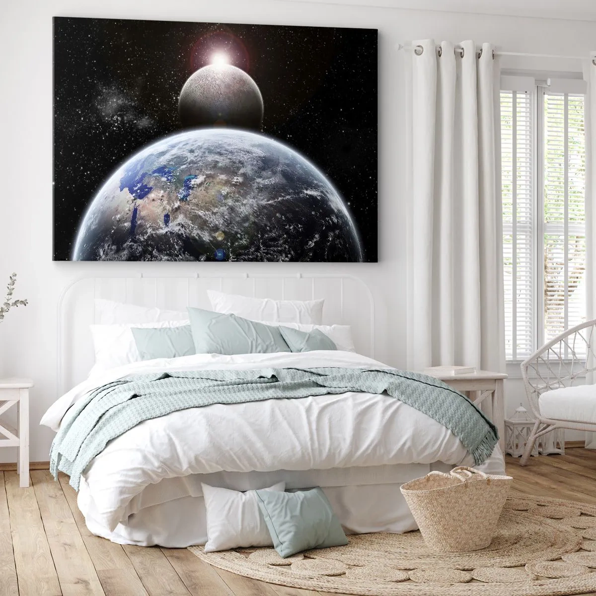 Impression sur toile - Image sur toile - La planète Terre et la Lune sur fond d'espace étoilé. - 120x80cm - Paysage cosmique - lever de soleil - Décoration murale moderne pour le salon et la chambre ARTTOR
