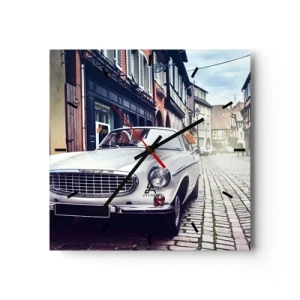 Horloge murale - Pendule murale - Une voiture blanche classique dans une rue pavée de la ville - 30x30cm - Le passé est aujourd'hui - Décoration murale moderne pour le salon et la chambre ARTTOR