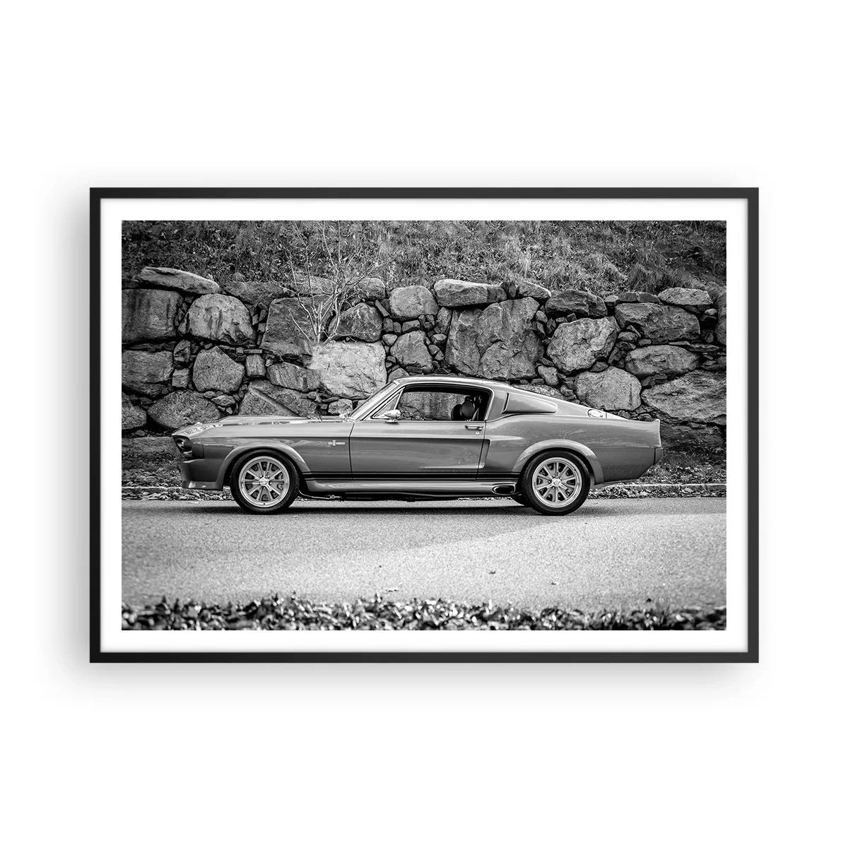 Affiche dans un cadre noir - Poster - Photo en noir et blanc d'une voiture classique - 100x70cm - Légende des années 60 - Décoration murale moderne pour le salon et la chambre ARTTOR