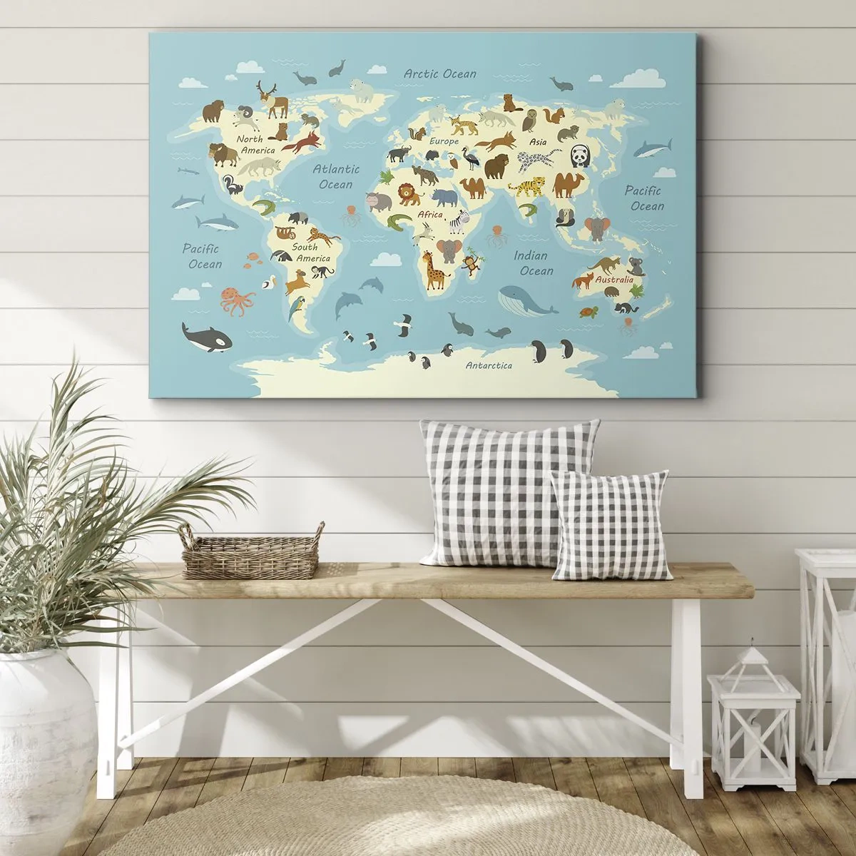 Impression sur toile - Image sur toile - Carte du monde avec des illustrations d'animaux - 120x80cm - De bons voisins - Décoration murale moderne pour le salon et la chambre ARTTOR