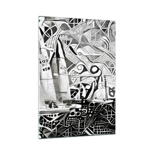 Impression sur verre - Image sur verre - Abstraction en noir et blanc avec voiliers et motifs géométriques - 50x70cm - Entre les vagues - Décoration murale moderne pour le salon et la chambre ARTTOR